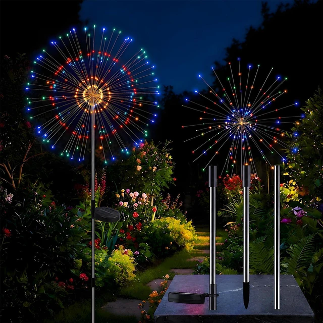 Main image of 4-Pack Solar Firework Lights for Outside Waterproof Garden Fairy Lights Adjustable 32"-51" tall, 200 LED stainless steel stake starburst lights with 8 modes for pathway patio decorations