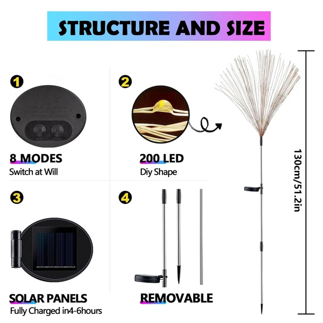 Alt view image 5 of 7 - 4-Pack Solar Firework Lights for Outside Waterproof Garden Fairy Lights Adjustable 32"-51" tall, 200 LED stainless steel stake starburst lights with 8 modes for pathway patio decorations