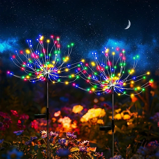 Alt view image 7 of 7 - 4-Pack Solar Firework Lights for Outside Waterproof Garden Fairy Lights Adjustable 32"-51" tall, 200 LED stainless steel stake starburst lights with 8 modes for pathway patio decorations