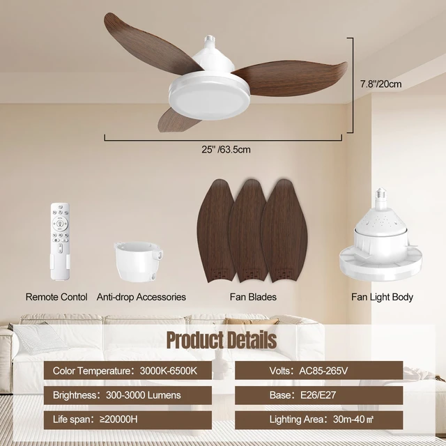 Alt view image 7 of 7 - 25" Socket Fan Light, Flower Shape Small Ceiling Fans with Lights and Remote, 3000 Lumens Light Socket Fan with Reversible Motor, Dimmable 3000K-6500K Screws into E26/E27 Light Bulb Fan