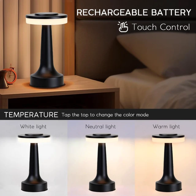 Alt view image 5 of 7 - Cordless Metal Desk Lamp, Touch Sensor Control LED Table Lamp,3 Color Stepless Dimmable Battery Powered Lamp for Living Room, Dorm, Home Office (Black)