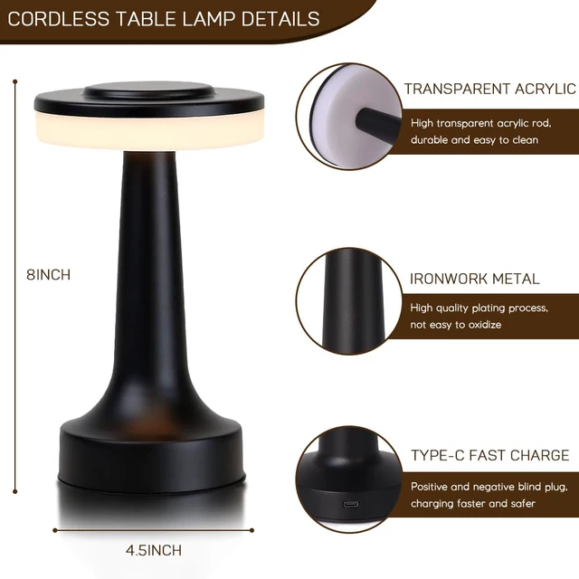 Alt view image 6 of 7 - Cordless Metal Desk Lamp, Touch Sensor Control LED Table Lamp,3 Color Stepless Dimmable Battery Powered Lamp for Living Room, Dorm, Home Office (Black)