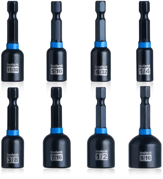 Main image of Magnetic Nut Driver Set, SAE, 8-Piece Eight SAE nut drivers, 1/4 to 9/16-inch range, magnetic retention, 1/4-inch quick-change shank, storage rail