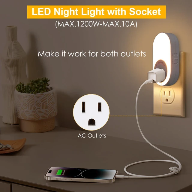 Alt view image 2 of 7 - Night Lights Plug Into Wall with Power Outlet, CCT 2200K/4000K Dusk to Dawn Sensor Night Light with 5LM or 20LM Adjustable Brightness for Bedroom, Kitchen, Living Room, Office