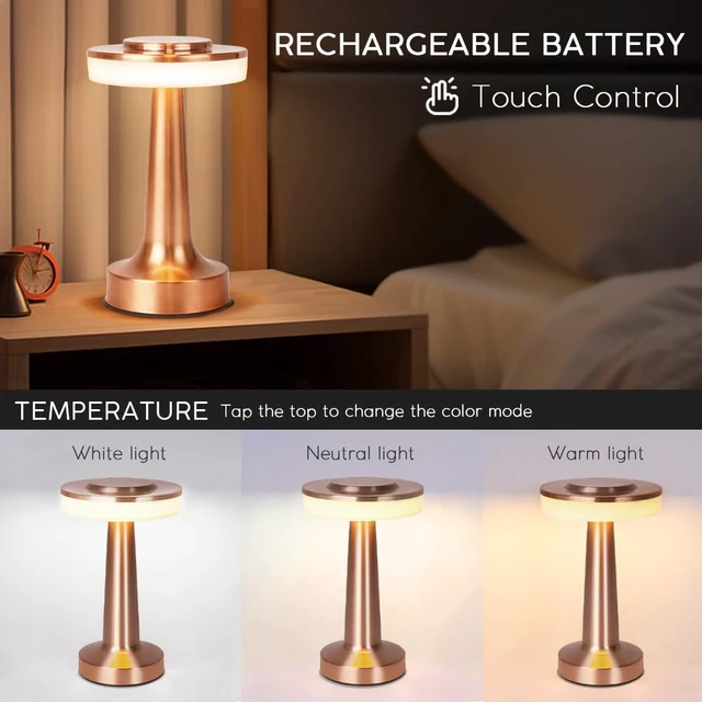 Alt view image 4 of 7 - Cordless Metal Desk Lamp, Touch Sensor Control LED Table Lamp,3 Color Stepless Dimmable Battery Powered Lamp for Living Room, Dorm, Home Office (Rose Gold)