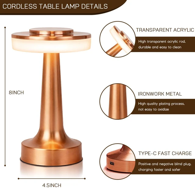 Alt view image 5 of 7 - Cordless Metal Desk Lamp, Touch Sensor Control LED Table Lamp,3 Color Stepless Dimmable Battery Powered Lamp for Living Room, Dorm, Home Office (Rose Gold)