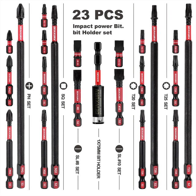 Alt view image 2 of 7 - Impact Tough Magnetic Mixed 23Pack Insert Driver Bits, S2 Alloy Steel Screwdriver Power Bits Set with 1Pcs Impact Magnetic Bit Holder
