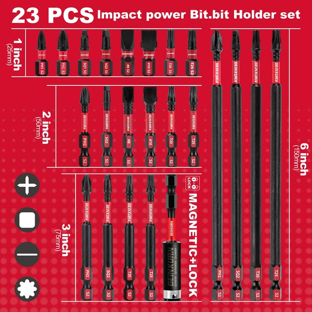 Alt view image 4 of 7 - Impact Tough Magnetic Mixed 23Pack Insert Driver Bits, S2 Alloy Steel Screwdriver Power Bits Set with 1Pcs Impact Magnetic Bit Holder