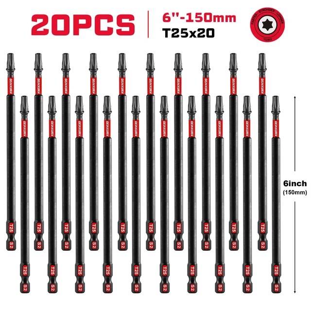 Alt view image 2 of 7 - 20Pack Impact Tough #25 Torx 6 in. Insert Driver Bits, Magnetic T25 Head Power Bits, S2 Alloy Steel T25 Screwdriver Bits Set Bulk