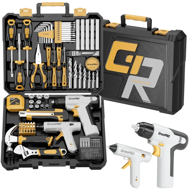 Main image of 188PCS Yellow Cordless Drill Tool Set For Men Tool Kit For Home Box All-In-One Basic Household Tool Box, Glue Gun Accessories DIY, CR-V Steel, Sturdy Storage Case Auto Repair Kit For Men