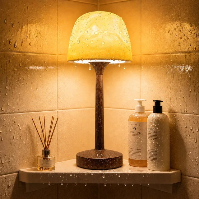 Main image of Waterproof Shower Lamp, Bathroom Lamp with Ocean Wave Projector Walnut Wood Spa-Like Rechargeable Shower Light with Remote&Touch Control Dimmable,16 RGB Color, Cordless Mood Light for Inside Showe