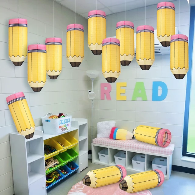 Main image of 12 Pcs Pencil Hanging Paper Lanterns Classroom Decoration Back to School, Cute Classroom Decor, Kindergarten Preschool Art School Ceiling Decor, First Day of School, Easy to Assemble