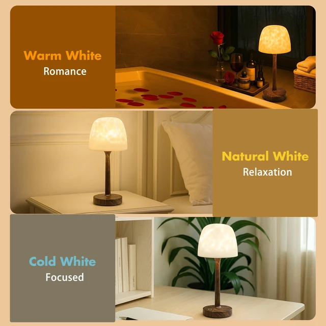 Alt view image 6 of 7 - Waterproof Shower Lamp, Bathroom Lamp with Ocean Wave Projector Walnut Wood Spa-Like Rechargeable Shower Light with Remote&Touch Control Dimmable,16 RGB Color, Cordless Mood Light for Inside Showe