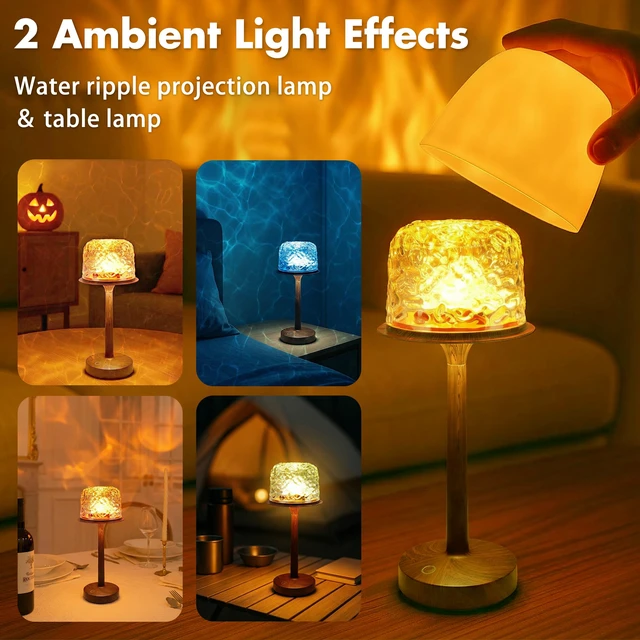Alt view image 4 of 7 - Waterproof Shower Lamp, Bathroom Lamp with Ocean Wave Projector Walnut Wood Spa-Like Rechargeable Shower Light with Remote&Touch Control Dimmable,16 RGB Color, Cordless Mood Light for Inside Showe
