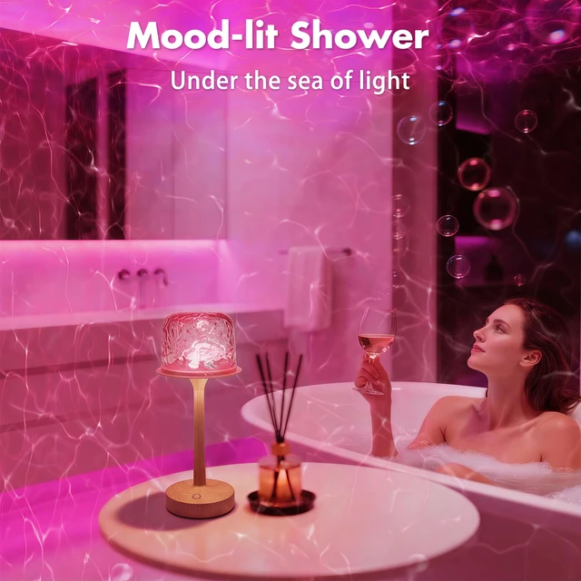 Alt view image 2 of 7 - Waterproof Shower Lamp, Bathroom Lamp with Ocean Wave Projector Wood Grain Spa-Like Rechargeable Shower Light with Remote&Touch Control Dimmable,16 RGB Color, Cordless Mood Light for Inside Showe