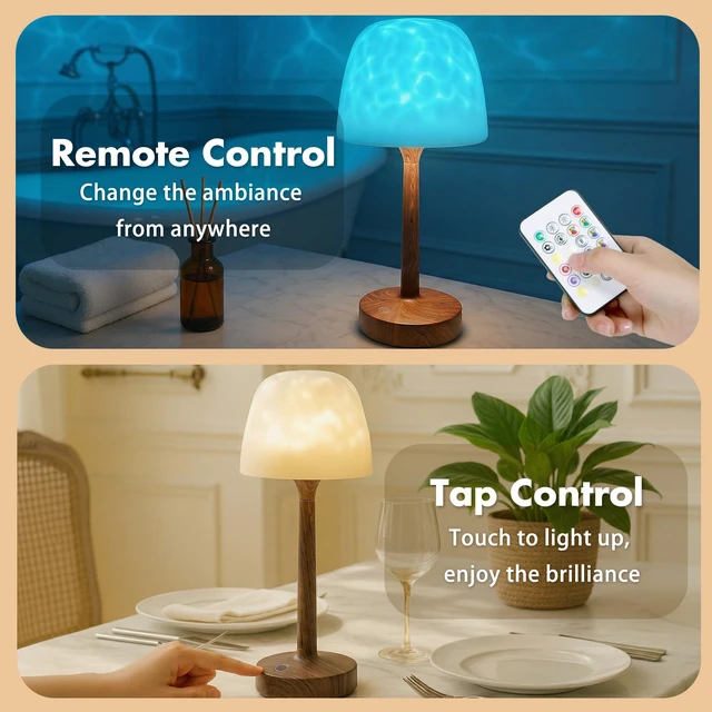 Alt view image 5 of 7 - Waterproof Shower Lamp, Bathroom Lamp with Ocean Wave Projector Walnut Wood Spa-Like Rechargeable Shower Light with Remote&Touch Control Dimmable,16 RGB Color, Cordless Mood Light for Inside Showe