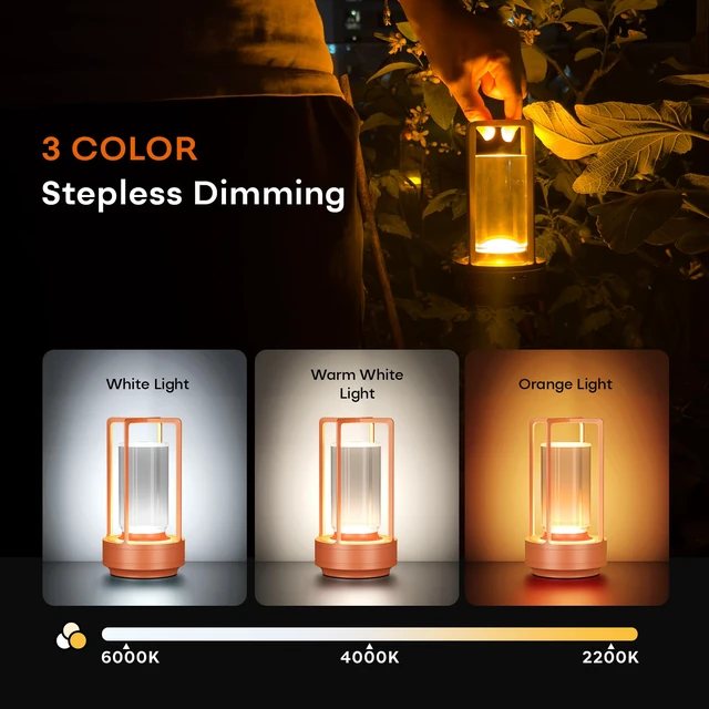 Alt view image 3 of 7 - Rechargeable Cordless Small Metal Table Lamp, Stepless Dimming, 3-Color Orange, 2600mAh Battery, Portable LED Desk Light, Cute, Suitable for Indoor/Outdoor/Restaurant/Bedroom/Bar/Coffee/Camping