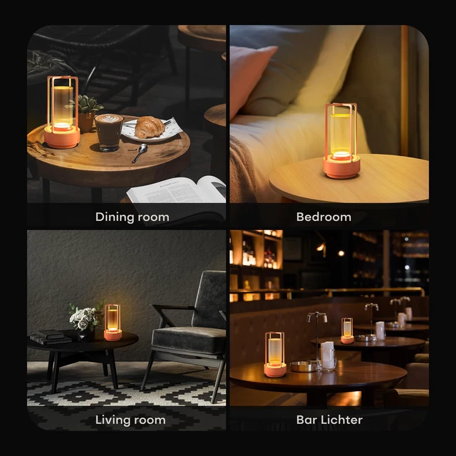 Alt view image 4 of 7 - Rechargeable Cordless Small Metal Table Lamp, Stepless Dimming, 3-Color Orange, 2600mAh Battery, Portable LED Desk Light, Cute, Suitable for Indoor/Outdoor/Restaurant/Bedroom/Bar/Coffee/Camping