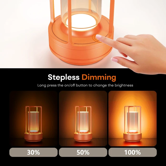 Alt view image 5 of 7 - Rechargeable Cordless Small Metal Table Lamp, Stepless Dimming, 3-Color Orange, 2600mAh Battery, Portable LED Desk Light, Cute, Suitable for Indoor/Outdoor/Restaurant/Bedroom/Bar/Coffee/Camping