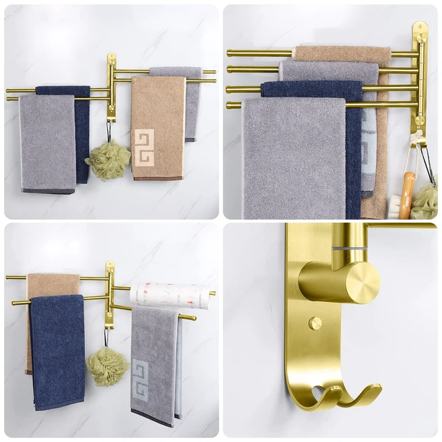 Alt view image 5 of 7 - Swivel Towel Rack, 13.8" Thicken 304 Stainless Steel 4-Arm Towel Bar, Space Saving Wall Mounted Towel Holder with Hook, Rustproof Swing Out Towel Hanger for Bathroom, Kitchen (Brushed Gold)