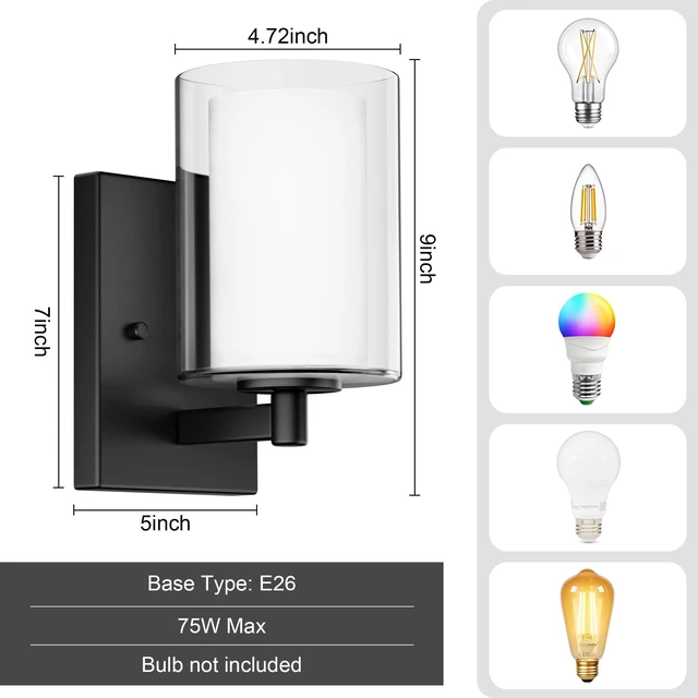 Alt view image 3 of 7 - Wall Sconces Set of Two, Modern Matte Black Vanity Wall Lights Double Clear Glass Shades With E26 Base, Farmhouse Wall Lights For Bathroom, Bedroom, Living Room, Mirror And Hallway