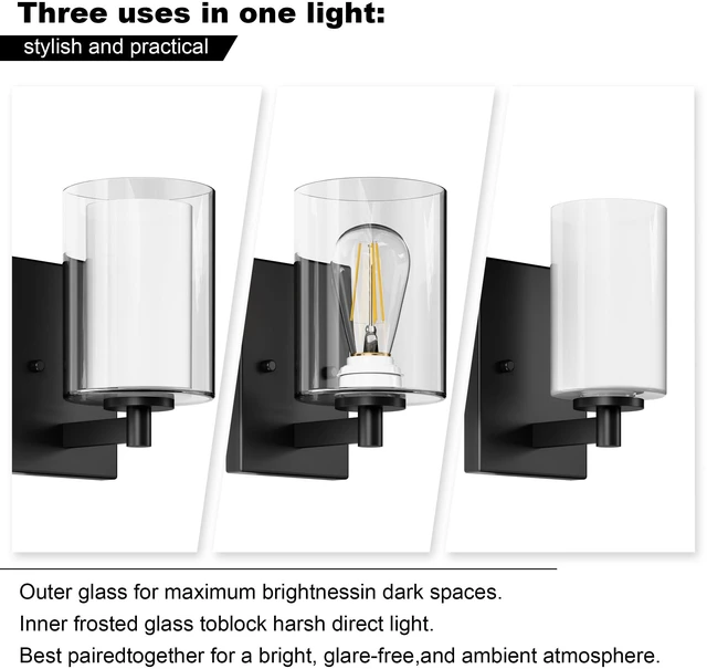 Alt view image 7 of 7 - Wall Sconces Set of Two, Modern Matte Black Vanity Wall Lights Double Clear Glass Shades With E26 Base, Farmhouse Wall Lights For Bathroom, Bedroom, Living Room, Mirror And Hallway