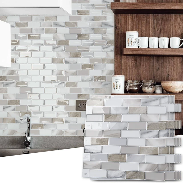Alt view image 2 of 7 - 10-Pack Marble Peel and Stick Backsplash, 12 x 12 in, Beige & White Strong Adhesion, Lightweight, Cuttable, Waterproof, Fadeless, Crack Resistant, for Kitchen, Bedroom, Ideal for Recently Moved