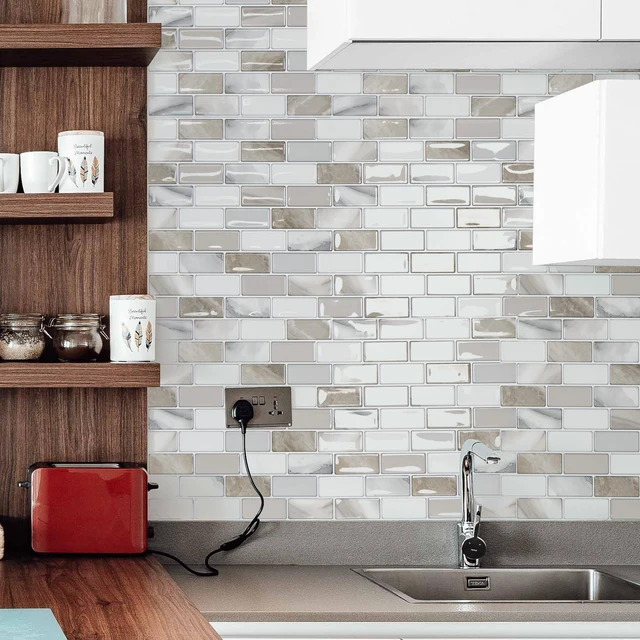 Alt view image 4 of 7 - 10-Pack Marble Peel and Stick Backsplash, 12 x 12 in, Beige & White Strong Adhesion, Lightweight, Cuttable, Waterproof, Fadeless, Crack Resistant, for Kitchen, Bedroom, Ideal for Recently Moved