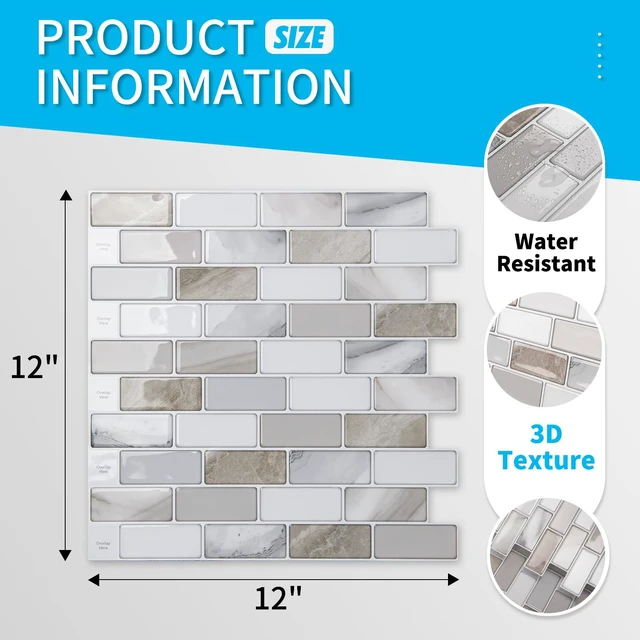 Alt view image 5 of 7 - 10-Pack Marble Peel and Stick Backsplash, 12 x 12 in, Beige & White Strong Adhesion, Lightweight, Cuttable, Waterproof, Fadeless, Crack Resistant, for Kitchen, Bedroom, Ideal for Recently Moved