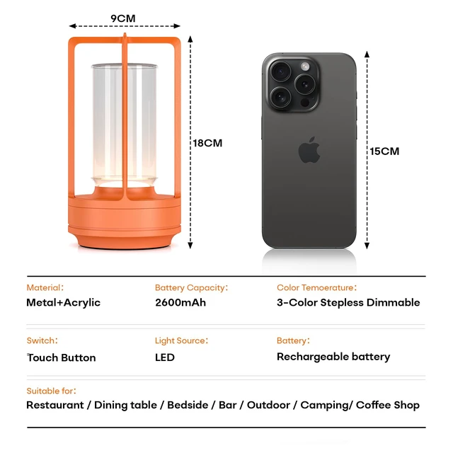 Alt view image 7 of 7 - Rechargeable Cordless Small Metal Table Lamp, Stepless Dimming, 3-Color Orange, 2600mAh Battery, Portable LED Desk Light, Cute, Suitable for Indoor/Outdoor/Restaurant/Bedroom/Bar/Coffee/Camping