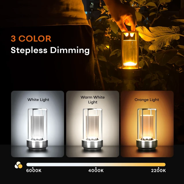 Alt view image 6 of 7 - Rechargeable Cordless Small Metal Table Lamp, Stepless Dimming, 3-Color Silver, 2600mAh Battery, Portable LED Desk Light, Cute, Suitable for Indoor/Outdoor/Restaurant/Bedroom/Bar/Coffee/Camping