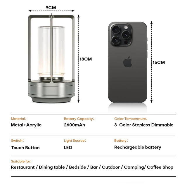 Alt view image 7 of 7 - Rechargeable Cordless Small Metal Table Lamp, Stepless Dimming, 3-Color Silver, 2600mAh Battery, Portable LED Desk Light, Cute, Suitable for Indoor/Outdoor/Restaurant/Bedroom/Bar/Coffee/Camping