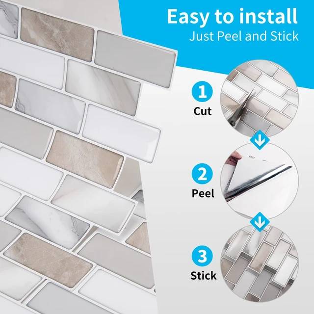 Alt view image 7 of 7 - 10-Pack Marble Peel and Stick Backsplash, 12 x 12 in, Beige & White Strong Adhesion, Lightweight, Cuttable, Waterproof, Fadeless, Crack Resistant, for Kitchen, Bedroom, Ideal for Recently Moved