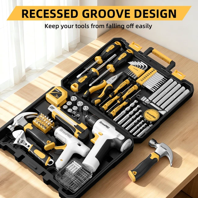 Alt view image 3 of 7 - 188PCS Yellow Cordless Drill Tool Set For Men Tool Kit For Home Box All-In-One Basic Household Tool Box, Glue Gun Accessories DIY, CR-V Steel, Sturdy Storage Case Auto Repair Kit For Men