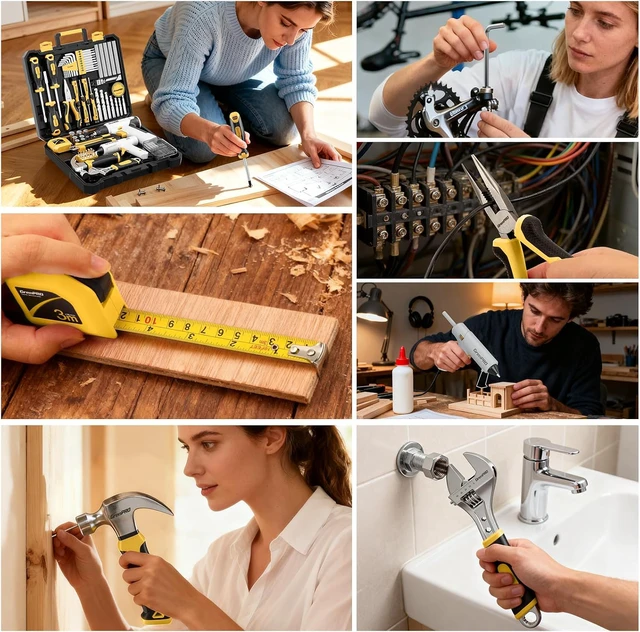 Alt view image 6 of 7 - 188PCS Yellow Cordless Drill Tool Set For Men Tool Kit For Home Box All-In-One Basic Household Tool Box, Glue Gun Accessories DIY, CR-V Steel, Sturdy Storage Case Auto Repair Kit For Men