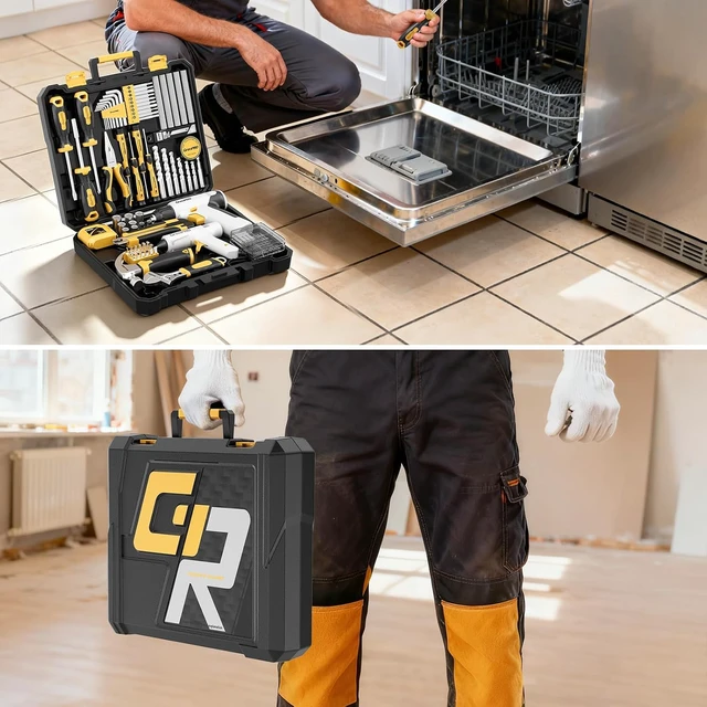 Alt view image 7 of 7 - 188PCS Yellow Cordless Drill Tool Set For Men Tool Kit For Home Box All-In-One Basic Household Tool Box, Glue Gun Accessories DIY, CR-V Steel, Sturdy Storage Case Auto Repair Kit For Men