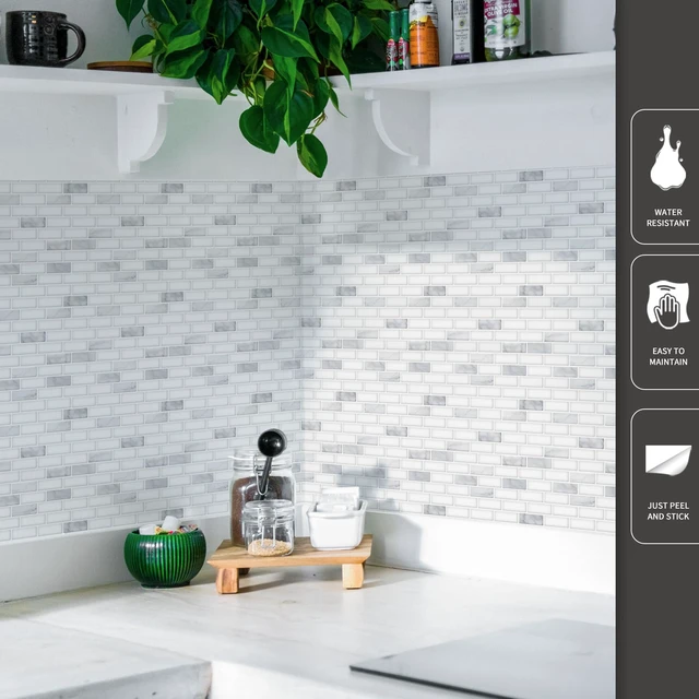 Alt view image 3 of 7 - 10-Pack Peel and Stick Stone Backsplash Tile, 12" x 12", White Marble Strong Adhesion, Lightweight, Cuttable, Waterproof, Fadeless, Crack Resistant, for Kitchen, Bedroom, Ideal for Recently Moved