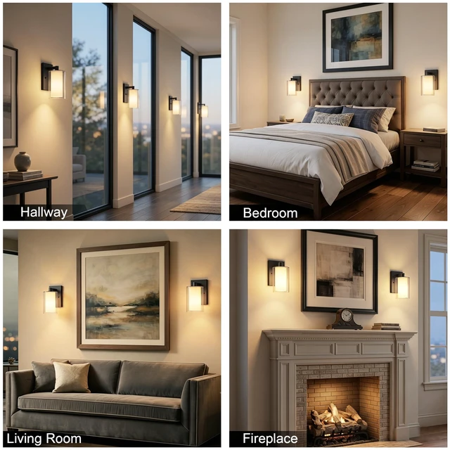 Alt view image 4 of 7 - Wall Sconces Set of Two, Modern Matte Black Vanity Wall Lights Double Clear Glass Shades With E26 Base, Farmhouse Wall Lights For Bathroom, Bedroom, Living Room, Mirror And Hallway