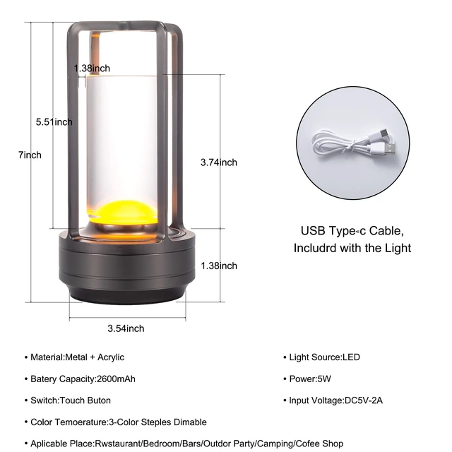 Alt view image 7 of 7 - Rechargeable Cordless Small Metal Table Lamp, Stepless Dimming, 3-Color Grey2600mAh Battery, Portable LED Desk Light, Cute, Suitable for Indoor/Outdoor/Restaurant/Bedroom/Bar/Coffee/Camping