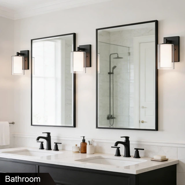 Alt view image 2 of 7 - Wall Sconces Set of Two, Modern Matte Black Vanity Wall Lights Double Clear Glass Shades With E26 Base, Farmhouse Wall Lights For Bathroom, Bedroom, Living Room, Mirror And Hallway
