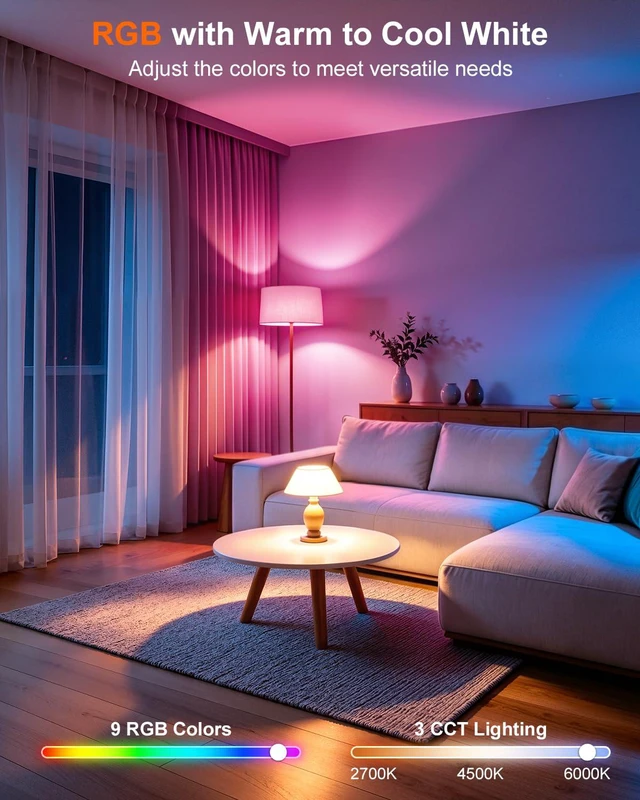 Alt view image 2 of 7 - LED Color Changing Light Bulb, 100 Watt Equivalent 1300 Lumen, A19 Light Bulbs with Remote Control, E26 Standard Base, 2700K-6000K, 5 Modes, Timer, RGB Lightbulb for Home, 12W (6 Pack)