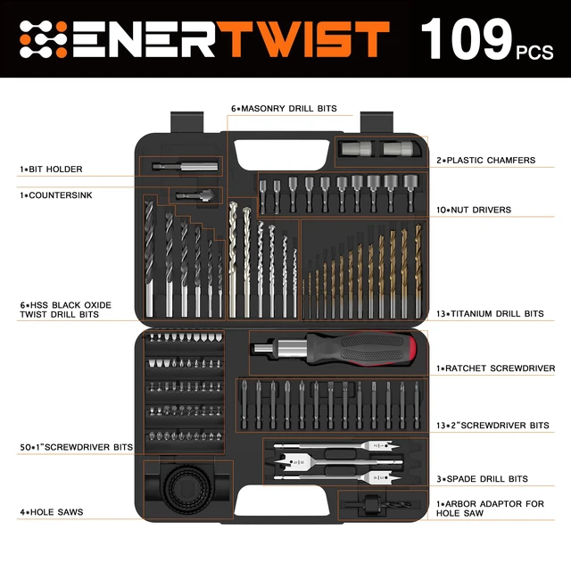 Alt view image 2 of 7 - 109Pcs Drill Bit Set with Ratchet Screwdriver Portable Case Drill Bits HSS Material Titanium Coated for Metal Wood Masonry High Speed Steel Drill Bit Screwdriver Bit Set Well Storage