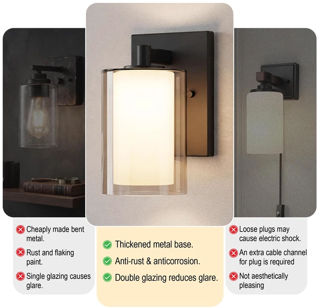 Alt view image 5 of 7 - Wall Sconces Set of Two, Modern Matte Black Vanity Wall Lights Double Clear Glass Shades With E26 Base, Farmhouse Wall Lights For Bathroom, Bedroom, Living Room, Mirror And Hallway