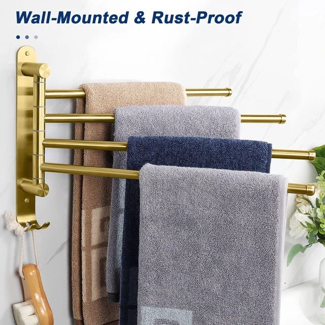 Alt view image 4 of 7 - Swivel Towel Rack, 13.8" Thicken 304 Stainless Steel 4-Arm Towel Bar, Space Saving Wall Mounted Towel Holder with Hook, Rustproof Swing Out Towel Hanger for Bathroom, Kitchen (Brushed Gold)