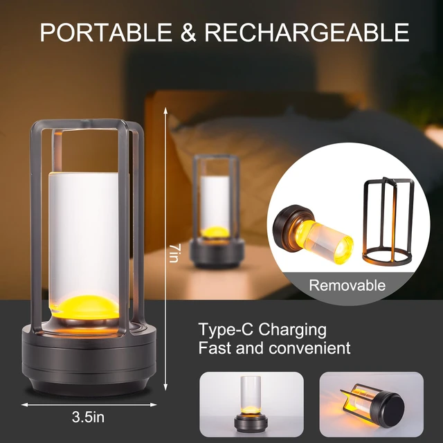 Alt view image 5 of 7 - Rechargeable Cordless Small Metal Table Lamp, Stepless Dimming, 3-Color Grey2600mAh Battery, Portable LED Desk Light, Cute, Suitable for Indoor/Outdoor/Restaurant/Bedroom/Bar/Coffee/Camping