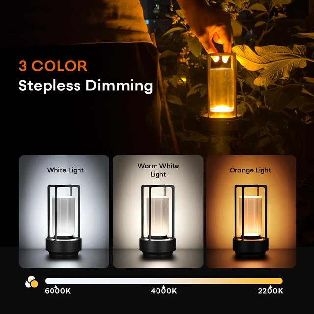 Alt view image 5 of 7 - Rechargeable Cordless Small Metal Table Lamp, Stepless Dimming, 3-Color Black, 2600mAh Battery, Portable LED Desk Light, Cute, Suitable for Indoor/Outdoor/Restaurant/Bedroom/Bar/Coffee/Camping