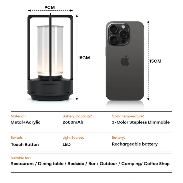 Alt view image 6 of 7 - Rechargeable Cordless Small Metal Table Lamp, Stepless Dimming, 3-Color Black, 2600mAh Battery, Portable LED Desk Light, Cute, Suitable for Indoor/Outdoor/Restaurant/Bedroom/Bar/Coffee/Camping