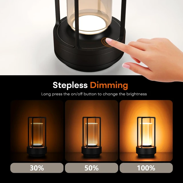 Alt view image 7 of 7 - Rechargeable Cordless Small Metal Table Lamp, Stepless Dimming, 3-Color Black, 2600mAh Battery, Portable LED Desk Light, Cute, Suitable for Indoor/Outdoor/Restaurant/Bedroom/Bar/Coffee/Camping