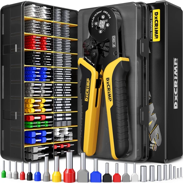 Main image of Ferrule Crimping Tool Kit AWG 24-10 Wire Ferrules 24 Sizes Self-adjusting wire crimper with insulated wire terminals for electrical panels PLC marine solar and 12V automotive wiring