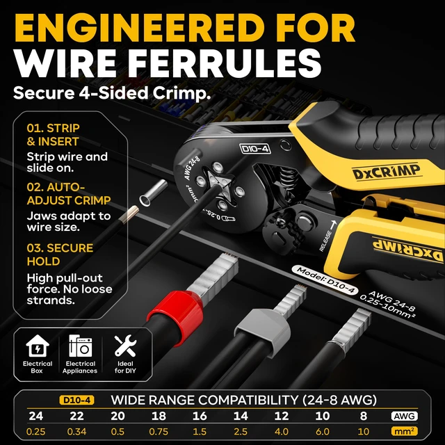 Alt view image 2 of 7 - Ferrule Crimping Tool Kit AWG 24-10 Wire Ferrules 24 Sizes Self-adjusting wire crimper with insulated wire terminals for electrical panels PLC marine solar and 12V automotive wiring
